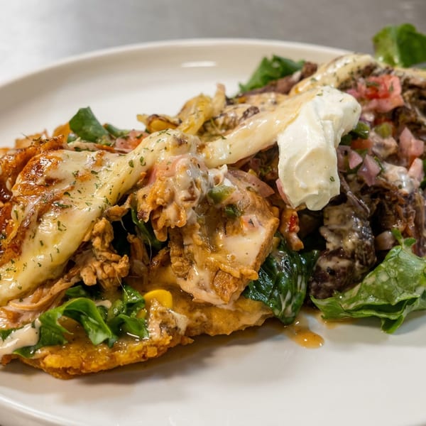 Loaded savory dish with crispy fried pieces, grilled meat, greens, vegetables, creamy sauce, and melted cheese on a white plate.