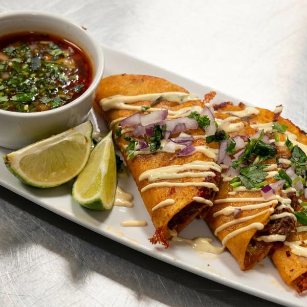 Three crispy rolled tacos topped with crema, red onion, and cilantro, served with lime wedges and herb sauce on a white platter.